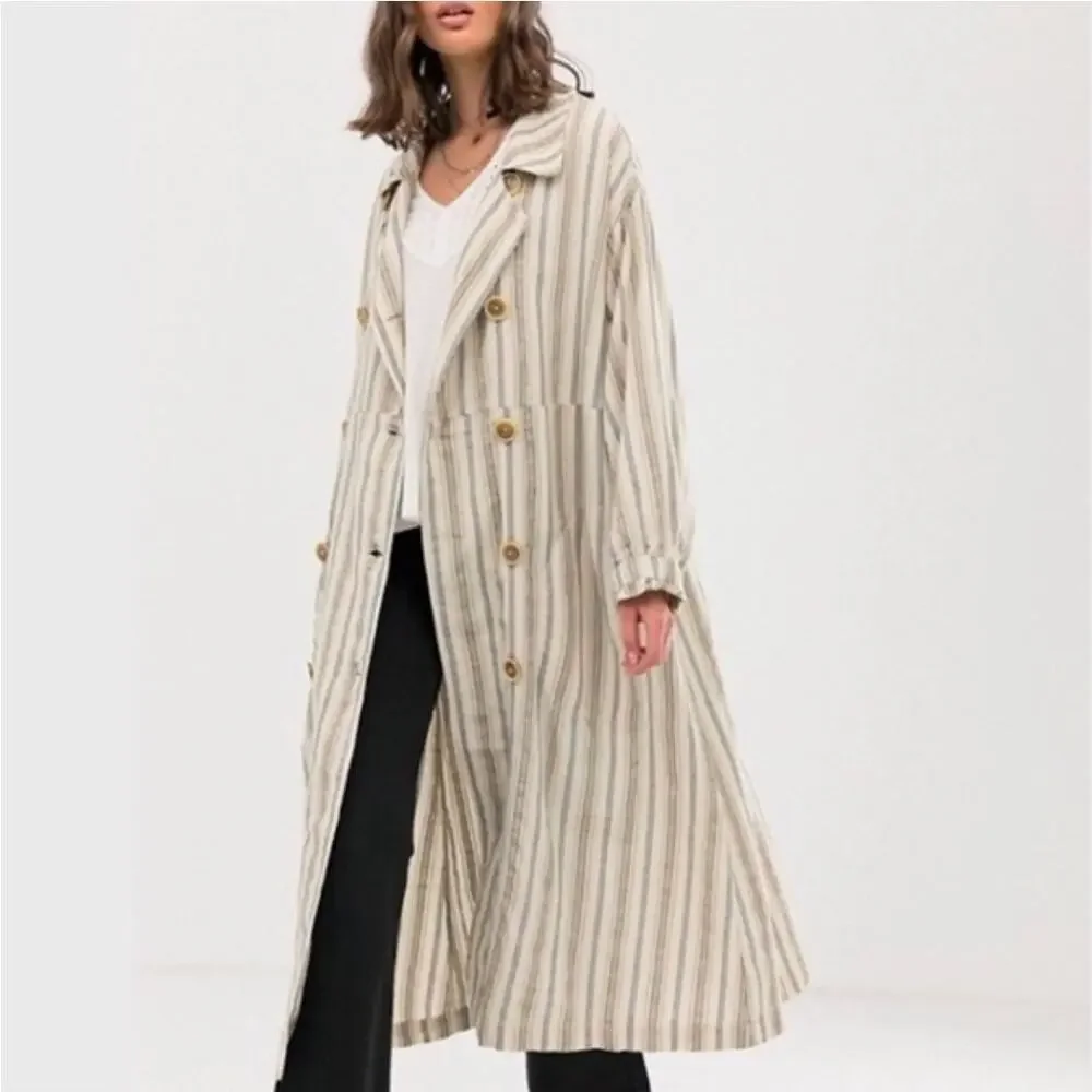 Free People $198 Striped XS Retro Boho Long Trench Coat - Picture 2 of 7